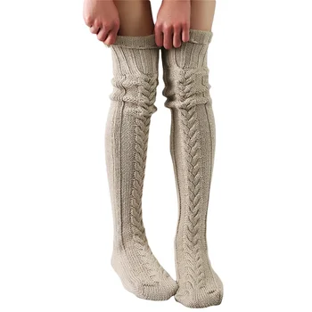 Vrouwen Kabel-Mid-Lengte Katoen Stapel Gebreide Kousen College Stijl Dij Hoge Sokken Winter Effen Kleur Over-de-Knie Legging