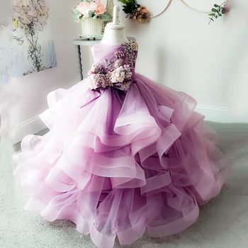 Pink Princess Dress Lace Gezwollen Bloem Meisje Jurken Mouw Schattig Meisje Verjaardag Dress Wedding Party Dress Baby Jurk