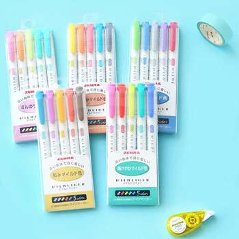 5 Kleuren Zebra Dubbele Hoofd Midliner Highlighter Pen Kunst Textmarker Set Markers voor schoolspullen Schattige Japanse Briefpapier WKT