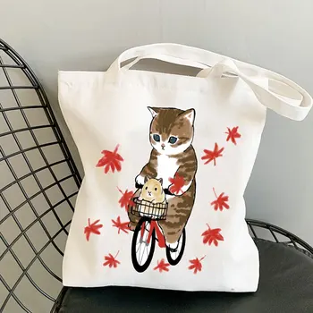 Kawaii Cat Print Herbruikbare Tas voor Boodschappen Canvas Tas schoudertassen voor dames Leuke Tote Bag Womens Designer Tassen