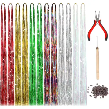 1800Pcs Sparkle Hair Tinsel Kit met Tools Kind Fairy Glanzende Haren Glitter Uitbreiding Klatergoud voor Hippie Dazzle Haar Vlechten