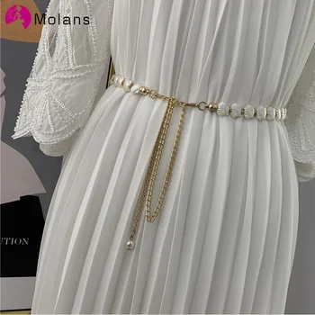 MOLANS 2020 Elegante Tassel Ketting Riem Shell Pearl Metal Kleding van Vrouwen met een Slanke band Bruiloft Taille Decoratie Riem