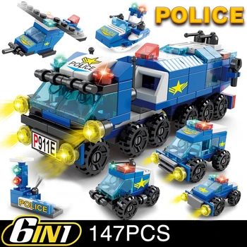 6in1 NIEUWE Politie Sport Auto Fire Engineering Motor Mini Loader Truck Klassieke Model bouwstenen Sets Stenen Speelgoed Stad
