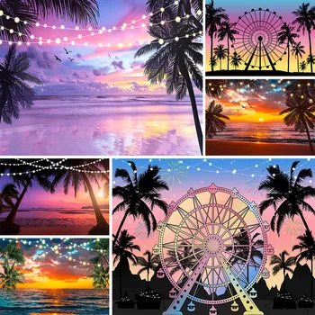 Zomer Tropische Zee Zonsondergang Achtergronden Strand Reuzenrad Decor Hawaiian Vakantie Aloha Partij Verjaardag Achtergrond Photo Studio