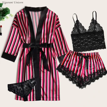 Pink Stripe Pyjama Sets Dames Riem Top Broek van Satijn Beddengoed Pak Herfst Winter Huis Dragen Nachtkleding Mantel Bad Jurk XXL